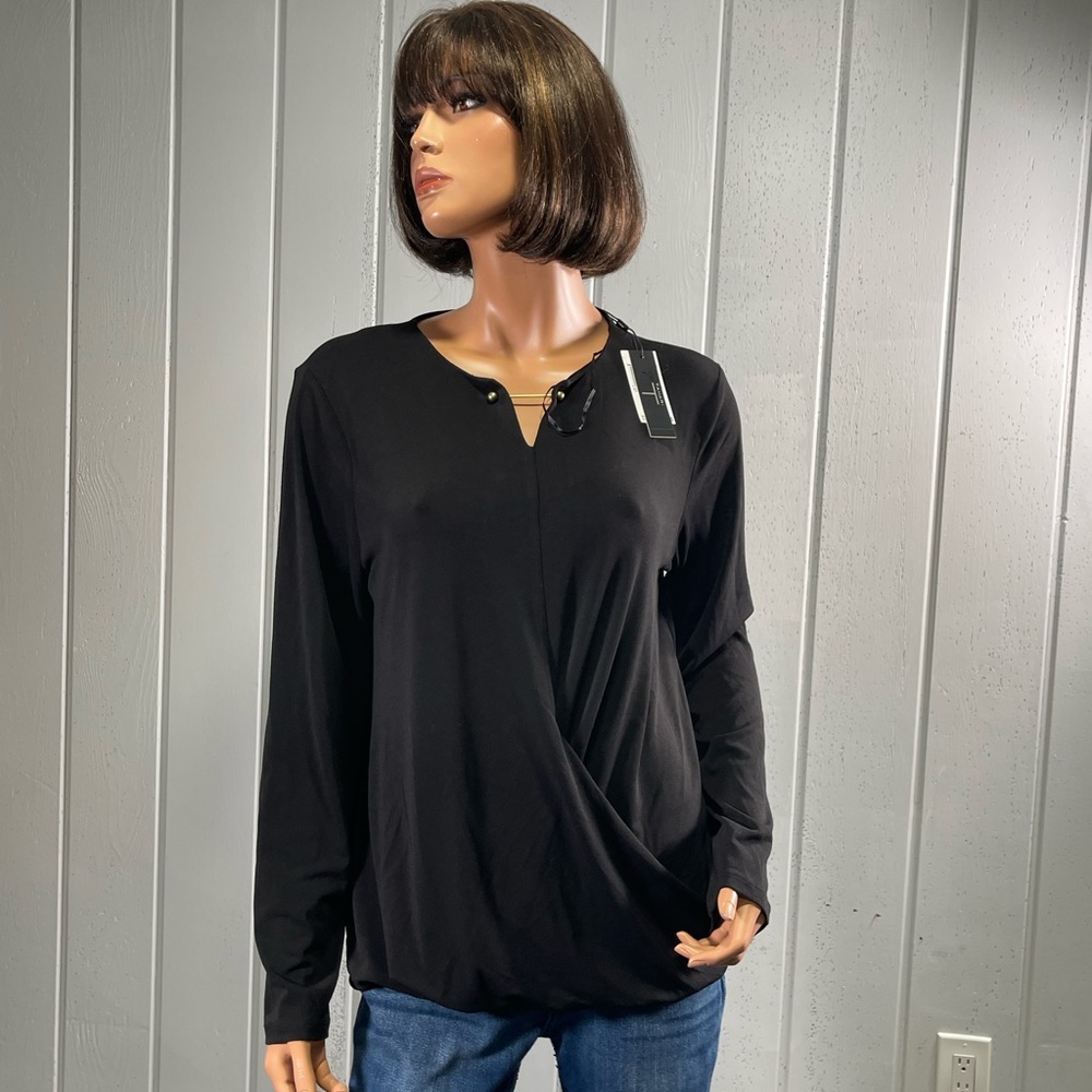 *NWT Tahari Women's Black Long Sleeve Cross-Over Blouse Sz L